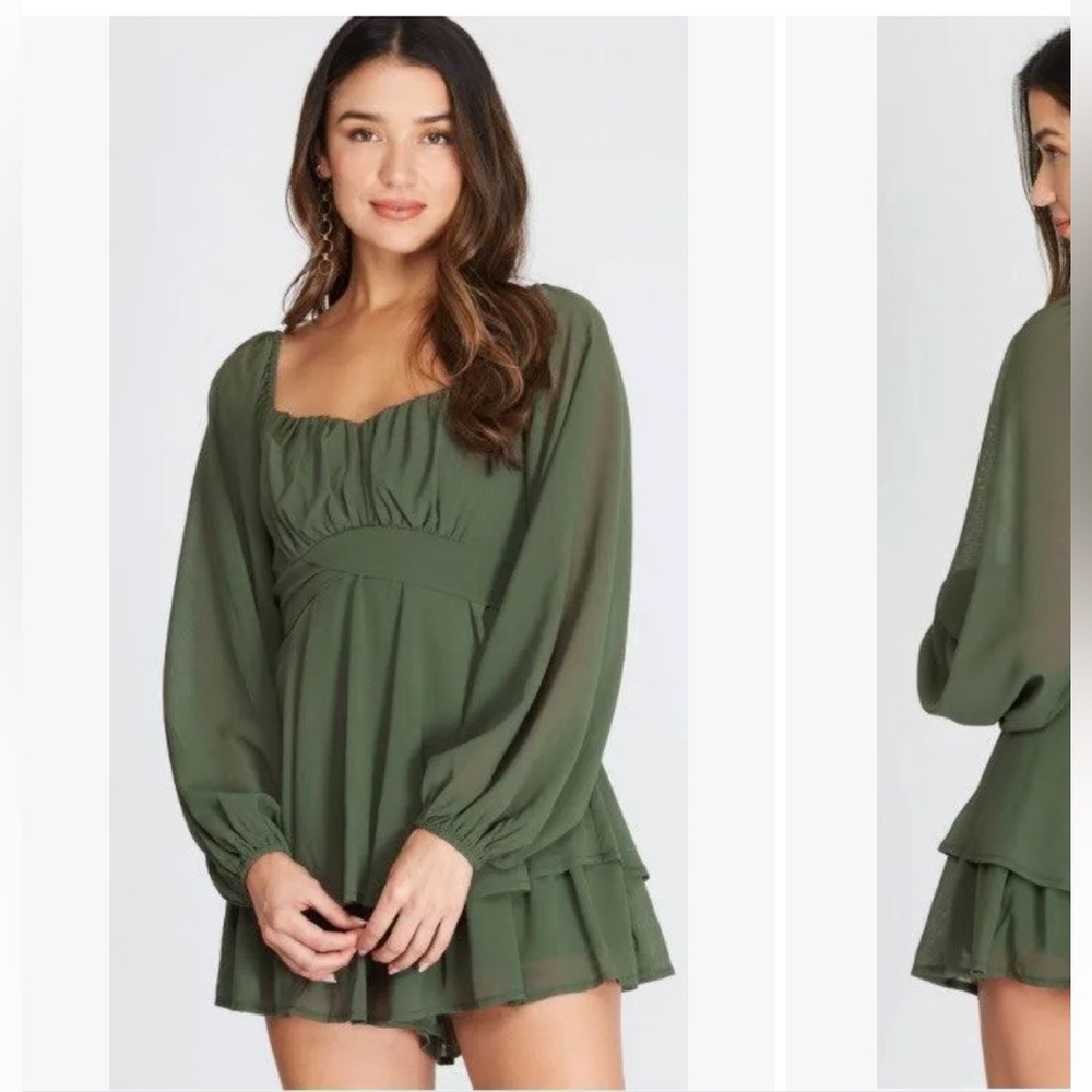 Olive Ruffle Romper, Sheer Sleeve